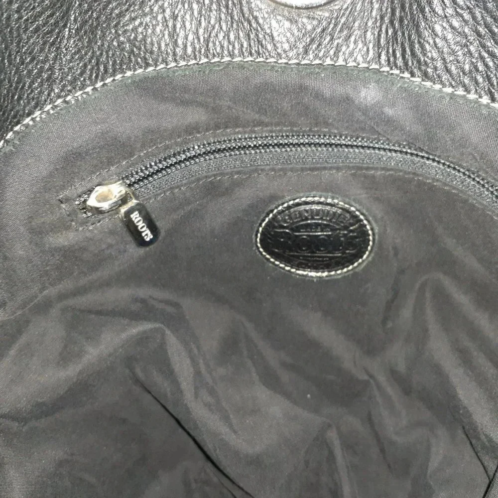 Vintage ROOTS CANADA-Black Pebbled Leather-Bucket Bag-Crossbody Hobo-Near Mint